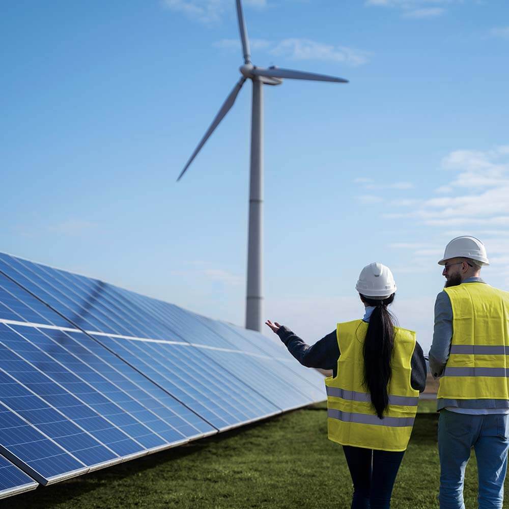 Turbina eólica e técnicos em campo solar